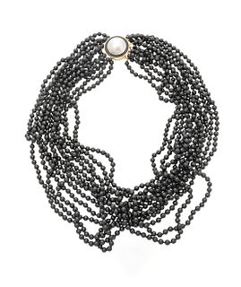 Cellino 18kt Yellow Gold Black Onyx Bead & Mabe Pearl Necklace, L 17" 134g