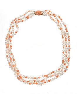 14kt Yellow Gold, Coral & Freshwater Pearl Necklace, L 19" 46g