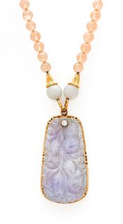Lavender Jadeite Pendant, Pink Quartz Bead Necklace, 14kt Gold, L 28" 1 pc