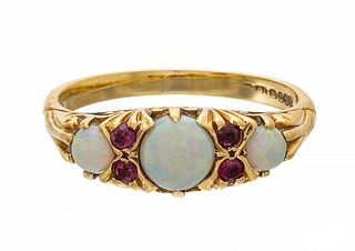 Steele And Dolphin, 18kt Yellow Gold, Opal & Ruby Ring, Ca. 1960, 4.7g Size: 7.75