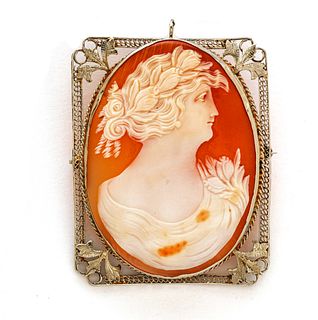 14K White Gold And Cameo Pendant - Brooch Ca. 1900, H 2" W 1.6" 17.6g