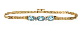 14K Gold Woven Bracelet, Set With 3 Blue Topaz Ca. 1970, L 7" 5.6g