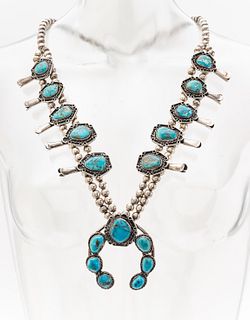 Navajo Silver And Turquoise Squash Blossom Necklace Ca. 1950, L 28" 7.2t oz