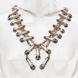 Navajo Silver, Coral, Turquoise Squash Blossom Necklace L 23" 5.5t oz