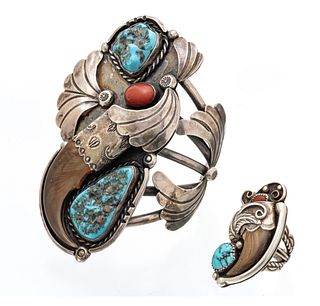 Bear Claw With Turquoise, Coral And Silver Bracelet Also Ring W 4" 3.76t oz