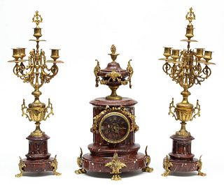 Barrard & Vignon (Paris, France) Rouge Marble & Bronze D'ore Garniture Set, Ca. 1850, H 18.5" L 10" Depth 10" 3 pcs