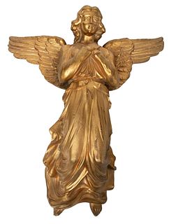 Gothic Style Gilded Bronze Wall Mount Sculpture, 19th C., Angel With Clasped Hands Over Heart, H 14.5" W 12"