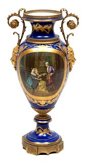 French Sevres Porcelain Double-handled Urn, 19th C., H 36.5" Dia. 17.5"