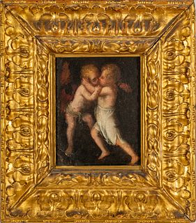 After Peter Paul Rubens (German, 1577-1640) Oil On Canvas, Ca. 18th C., Jesus And St. John The Baptist, H 9.5" W 7.5"