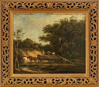English Oil On Canvas, Early 19th C., "The Log Wagon", H 30" W 25"