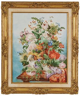 Boehm (American) Porcelain Plaque, Floral Still Life With Cockatoo, H 14" W 11"