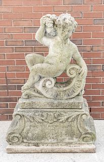 Cement Garden Sculpture, Cupid With Grapes, H 47" W 29" L 15"
