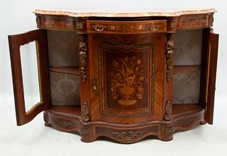 Italian Baroque Style Bronze Mounted Marquetry Curio Credenza, Marble Top, H 42.5" W 64" L 21.5"