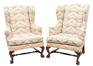 Baker Furniture (American) Upholstered Chippendale Style Wingback Arm Chairs, H 45" W 33" Depth 29" 1 Pair