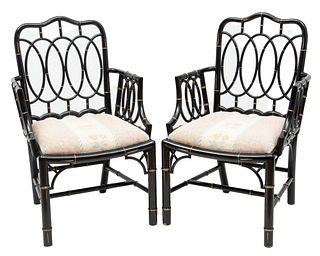 Baker Furniture (American) Black Lacquered Bamboo Style Armchairs, H 39" W 25" Depth 20" 1 Pair
