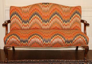 Chippendale Style Mahogany Carved Wood Upholstered Settee, H 35" W 54" Depth 20"