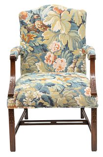 Chippendale Style Mahogany Armchair, With Tapestry Upholstery 20th C., H 35" W 23" Depth 24"