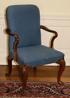 Baker Furniture (American) Queen Ann Style Upholstered Mahogany Armchair, H 39" W 24.5" Depth 25"