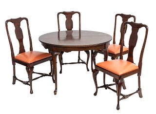 Drexel (American) Queen Anne Style Walnut Table & Chairs, Ca. 1960, H 29" Dia. 44" 5 pcs