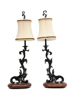 Theodore Alexander (American) Acanthus Form Bronze Table Lamps, H 37" W 11.5" Depth 7.75" 1 Pair