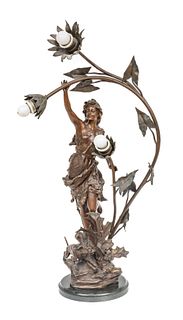 Art Nouveau Style Bronze Patinated Spelter Figural Lamp, H 29.5" W 14"
