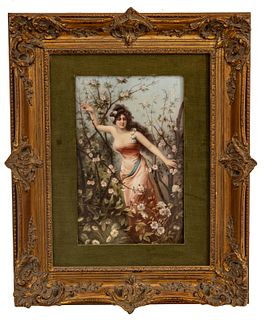 Style Of Hans Zatzka (Austrian, 1859-1945) Painted KPM Porcelain Plaque, Woman In Spring Blossoms, H 12.75" W 8"