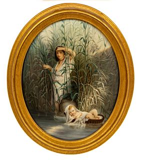 KPM Berlin Painting On Porcelain Ca. 19th.c., After Paul Delaroche, Moses In The Bulrushes, H 10.5" W 8.5"