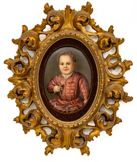 German Painting On Porcelain , Giovanni De' Medici As A Child With Parakeet., H 5.5" W 4"