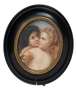 German Painting On Porcelain,Two Children C. 19th.c., H 3.2" W 2.5"