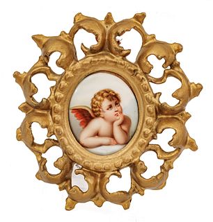 German Painting On Porcelain, Angel Resting Ca. 19th.c., H 2.2" W 1.7"