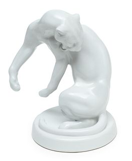 Meissen (German) Blanc De Chine Porcelain Figurine, Preening Jaguar, H 7" W 5"