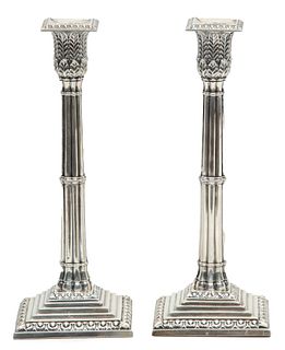Atkin Brothers (Sheffield, England) Sterling Silver Candlesticks, Corinthian Columns, Ca. 1891, H 10.5" 1 Pair
