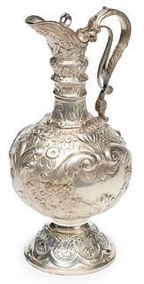 Spanish Repousse Sterling Silver Ewer, Ca. 1930, H 12" W 5" 21.44t oz