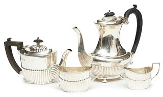 British Sterling Silver Coffee & Tea Set, Ca. 1870, H 8" W 3.5" L 8.5" 27.42t oz 4 pcs