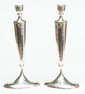 Joseph Mayer & Bros. (Seattle) Weighted Sterling Silver Candlesticks, Ca. 1920, H 12" W 5.5" Depth 3.75" 1 Pair