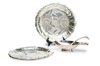 Wallace (American) 'Poppy' Sterling Silver Trays + Christofle (France) Sauce Boat & Ladle, Dia. 10.5" 24.17t oz 4 pcs