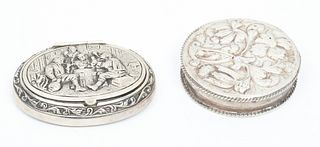 Sterling Silver Oval Covered Box, Card Playing Scene & Sterling Round Box Ca. 19th.c., W 2" L 2.5" 2 pcs
