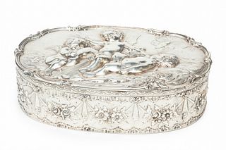 Repousse 800 Silver Hinged Jewelry Box, Cupids Playing, Eastern Europe H 2" W 7" Depth 4" 12.7t oz