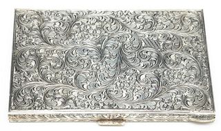 800 Silver Hand Chased Hinged Cigarette Case Ca. 1900, H 3.7" W 5" 5.5t oz