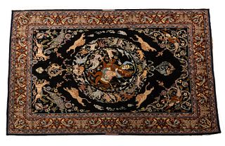 Ispahan Persian Wool And Silk Hand Woven Rug, Hunting Theme W 4' 8'' L 6' 9''
