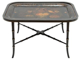 Painted Tole Tray Table, Ca. 1920, H 18" L 32" Depth 24"