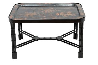 Japanned Black Lacquer Tray Table, Bamboo Frame, H 18" W 20" L 30"
