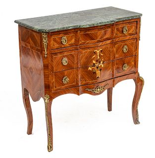 Louis XVI Style Marble Top Commode, H 33" L 32" Depth 14.25"