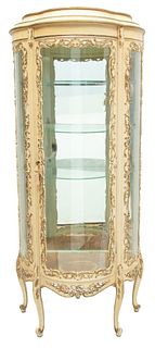 French Style Curio Cabinet, Glazed White, Ca. 1950, H 65" W 27" Depth 16"