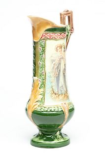 Art Nouveau Glazed Stoneware Ewer, Ca. 1900, Beauty With Lustful Gaze, H 12" Dia. 5"