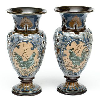 Doulton Lambeth (England) Decorated Stoneware Vases, Ca. 1880, H 12.5" Dia. 6" 1 Pair
