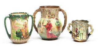 Royal Doulton (British, Est. 1815) Loving Cup & Jugs, Three Musketeers, Robinhood & The Apothecary, H 10" 3 pcs