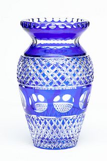 Bohemian Cobalt Blue Overlay Cut Crystal Flower Vase, Ca. 1950, H 11" Dia. 7"