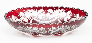 Bohemain Ruby Overlay Cut To Clear Crystal Bowl, Ca. 1910, H 3" W 8.5" L 13.75"