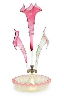 Epergne Glass Centerpiece, Vase And 2 Vases Ca. 1880, H 20" Dia. 9"